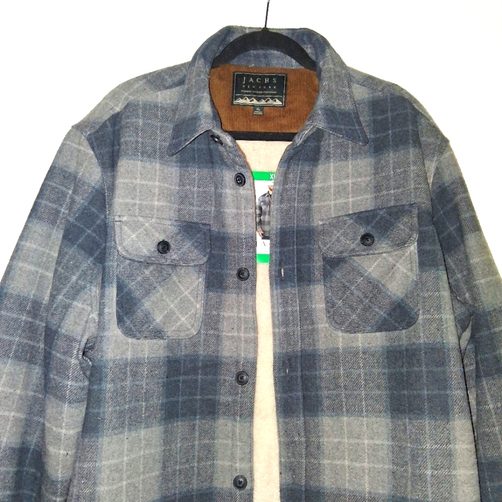 MEN'S JACHS NY WOOL BLEND QUILTED SHERPA LINED GRAY PLAID SHIRT JACKET. XL. - Picture 2 of 10